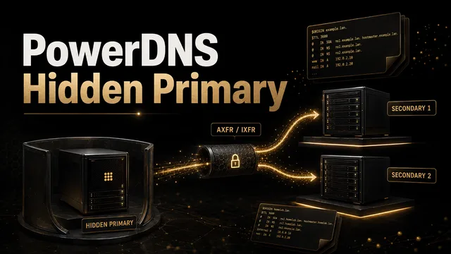 PowerDNS Hidden Primary: Architektur-Diagramm mit WireGuard-Tunnel, Slaves und SOA-Check im Homelab