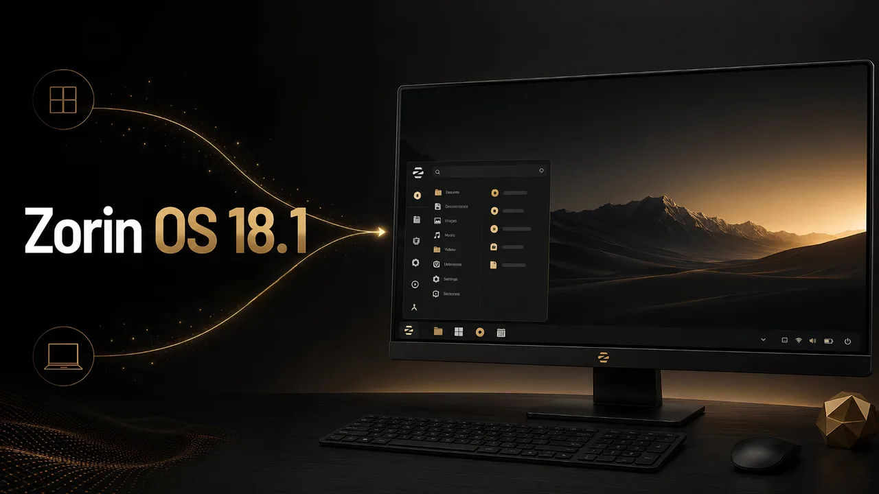 Zorin OS 18.1 Review: nerd.bear Logo und Laptop mit Linux-Desktop