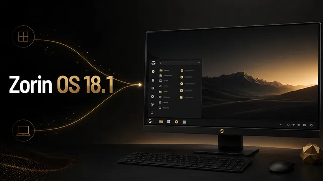 Zorin OS 18.1 Review: nerd.bear Logo und Laptop mit Linux-Desktop